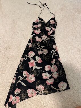Y2K Black Floral Asymmetrical Halter Heart Moon Star Dress